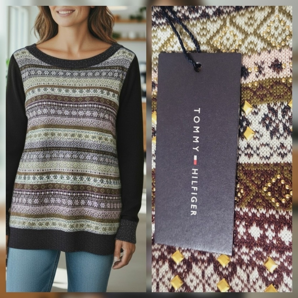Tommy Hilfiger Plus 0X Metallic‎ Embellished Sweater Navy $89.50 NWT Festive